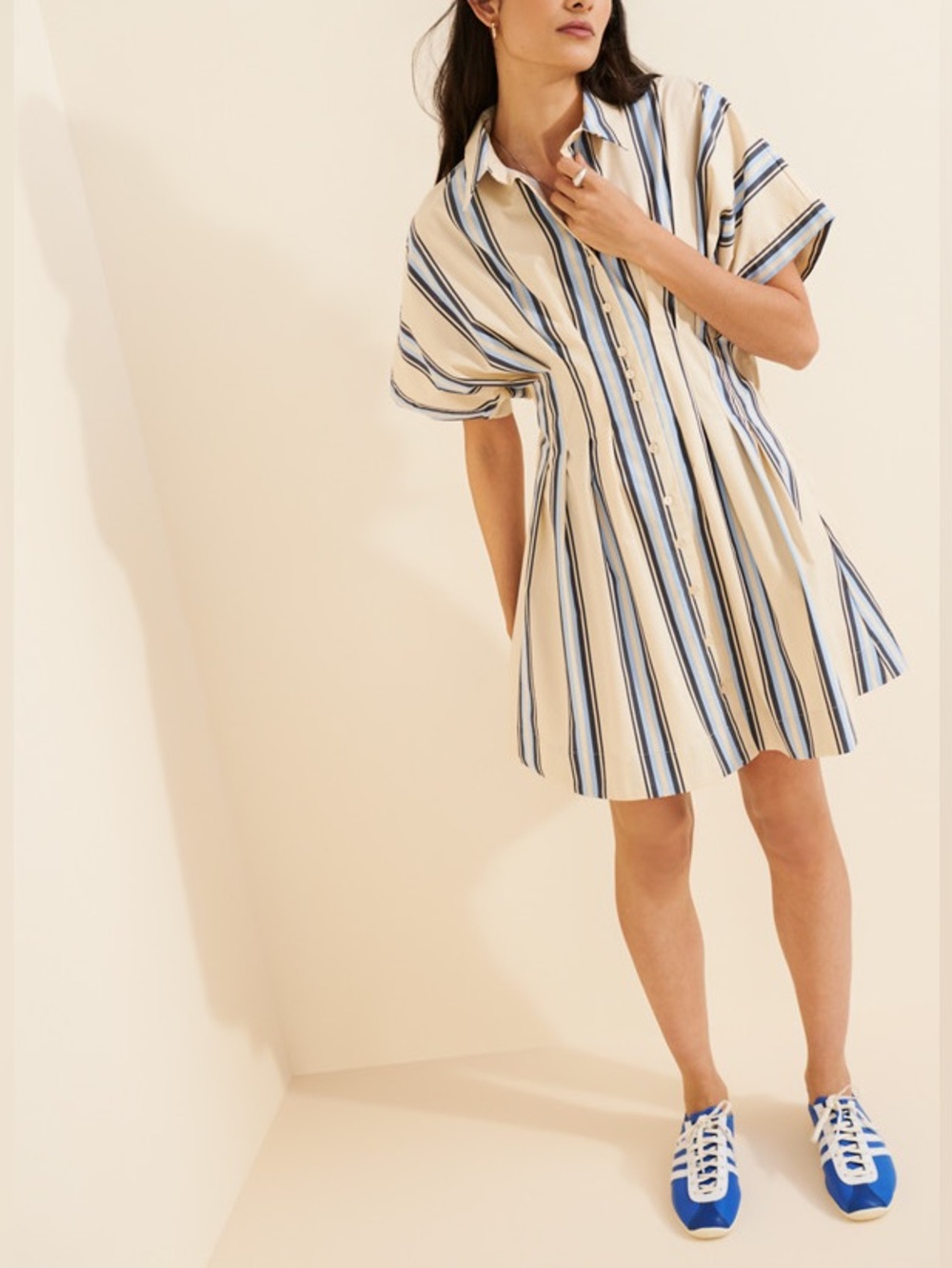 Exquise Tobie Pleated Button Front Striped Mini Shirtdress S